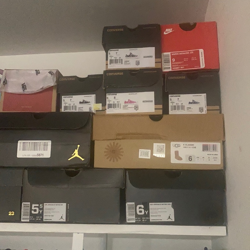 Empty Jordan, Converse, Ugg, Nike, and Vans boxes